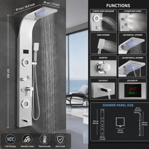 Image of ZeeCry 7 in 1 Full Set Stainless Steel 304 Shower Panel for Bathroom with Hand Shower /Showerhead /Body Massage Jets /Shower System with Hot & Cold Mixer (3 function hand shower) (Chrome)