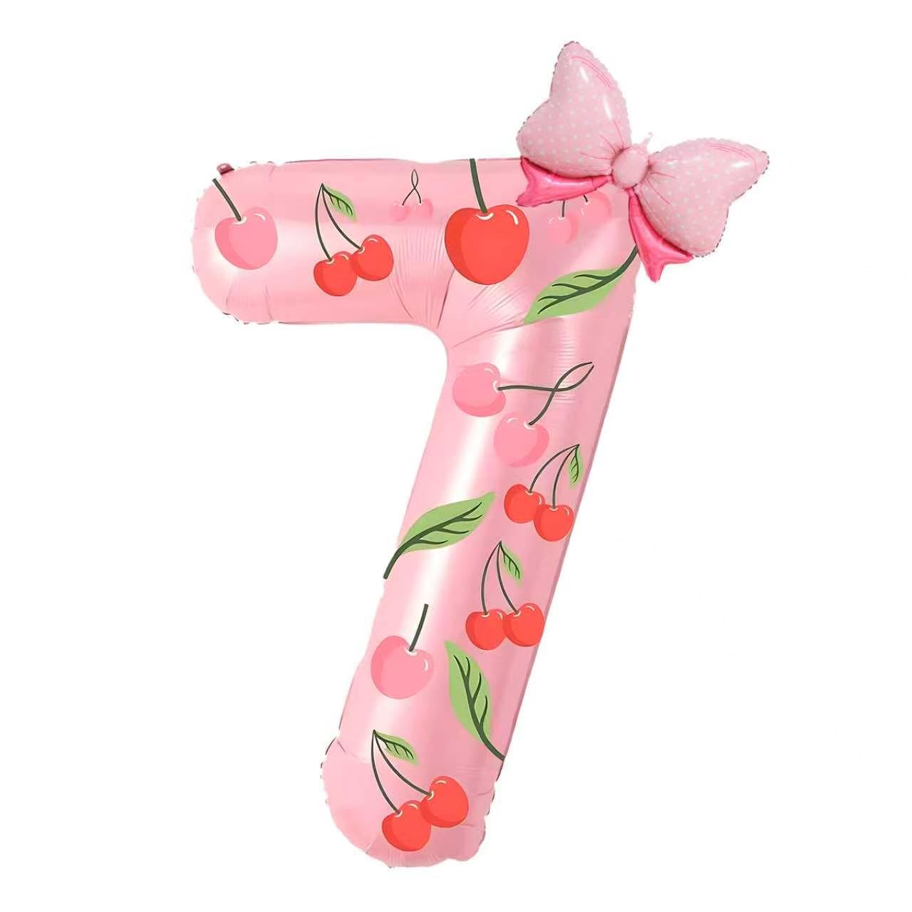 Antwhale 32 Inch Cherry Number 7 Balloon And Mini Bow Balloon Foil Polyester Film Number Balloon Children's Birthday Girls' Party Anniversary Wedding Supplies Decoration