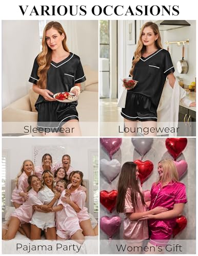 Image of Silk Pajamas for Women Short Sleeve Satin 2 Piece Pj Set Soft V Neck Sleepwear Loungewear, S-XXL