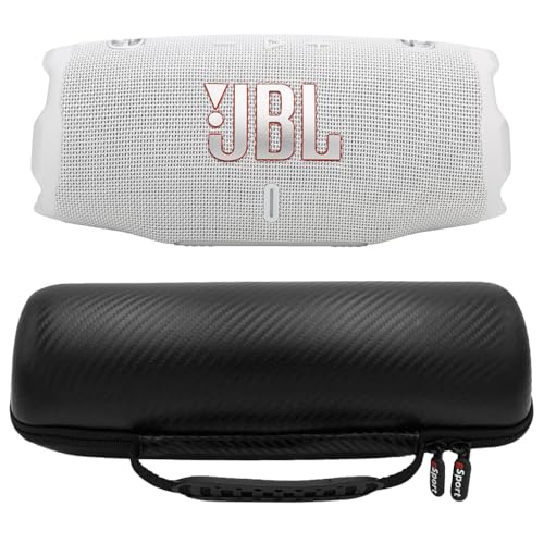 JBL Charge 6 - Paquete de altavoces portátiles impermeables con funda de fibra de carbono gSport (blanco)