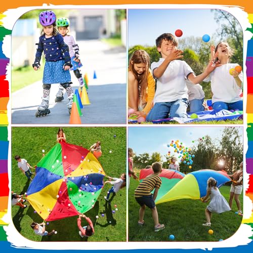 VercanMonth 43 Pcs 3 in 1 Carnival Outdoor Games Combo Set for Kids Include 6 Plastic Cones, 12 Ring, 12 Bean Bags, 12 Plastic Ball, 10 Foot Play Parachute for Toddler Kids Party Play Decoration