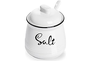Farmhouse Porcelain Salt Bowl with Lid and Spoon, Salt Sense Keeper for Kitchen