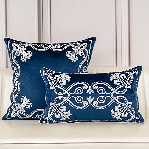 Aeckself 18 X 18 Inch European Cushion Cover Luxury Velvet Home Decorative Embroidered Floral Pillow Case Pillowcase For Sofa Chair Bedroom Living Room, Navy Blue And White #TOP6
