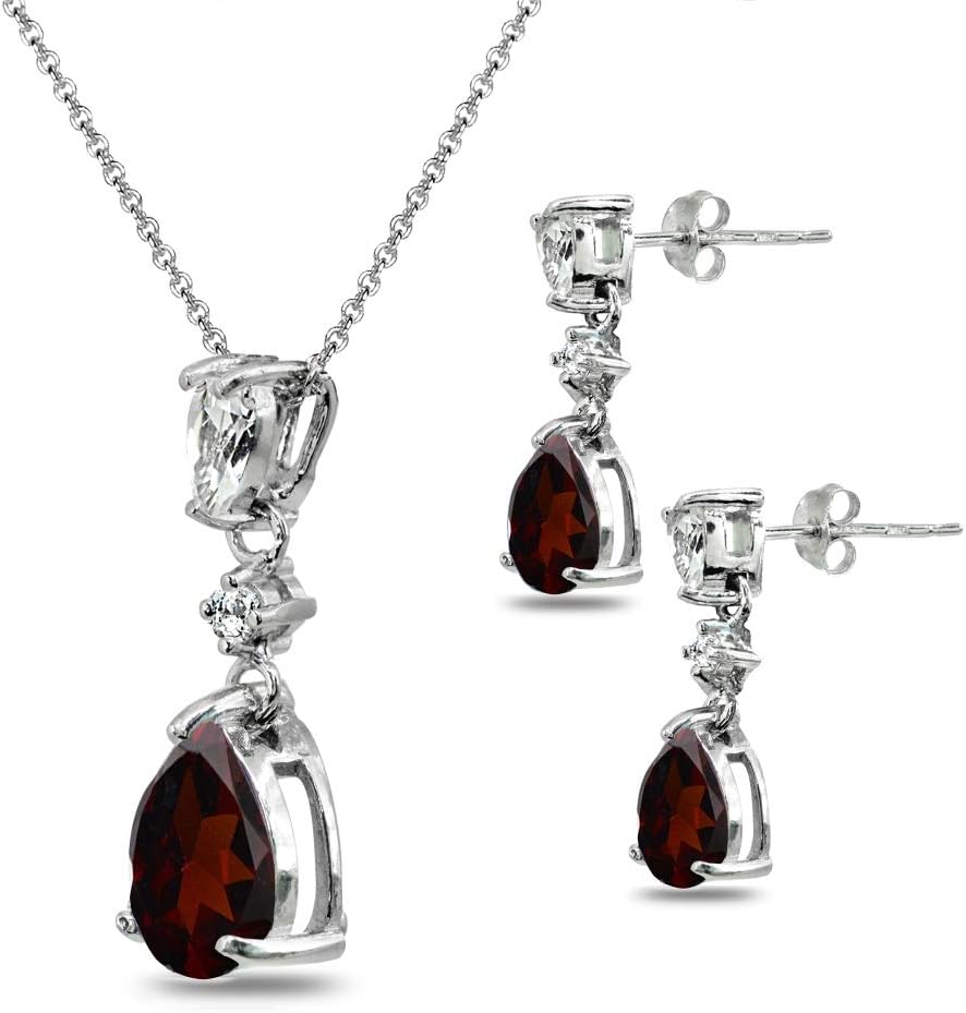 Sterling Silver Genuine or Synthetic Gemstone & White Topaz Pear-Cut Teardrop Dangling Stud Earrings & Necklace Jewelry Set for Women - Image 5
