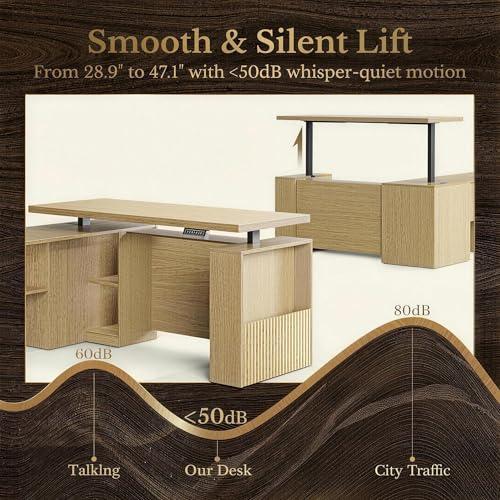 Image of 70 Inches L Shaped Executive Standing Desk, Electric Height Adjustable Desk with File Cabinet, Computer Corner Table with AC /USB and Privacy Panel for Home and Office, Light Walnut