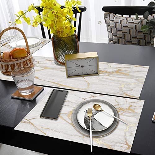 Marble Table Runner And Placemats Set Of 6, Gold White Black Geometric Rose Stone Abstract Modern Art Dining Table Decor For Daily Use(1 Table Runner 72 Inches Long And 6 Placemats) #TOP5