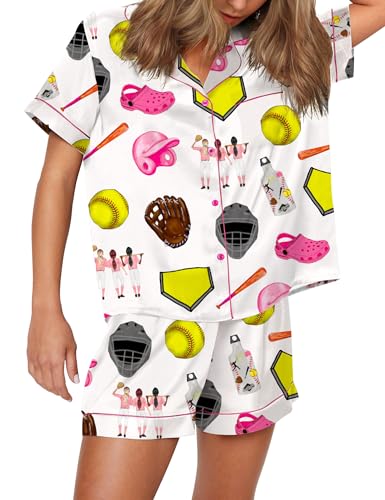 Image of SHESHOW Pajamas for Women Set Satin Button Down Short Sleeve Top and Shorts Pjs Sets Sport Ball Print Sleepwear XS-XXL