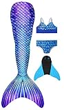 FOLOEO Meerjungfrauenflosse Mädchen Meerjungfrau Flosse Meerjungfrau Bademode mit Monoflosse und Bikini, 4 Stück Set, Mehrfarbig (Md31), 150