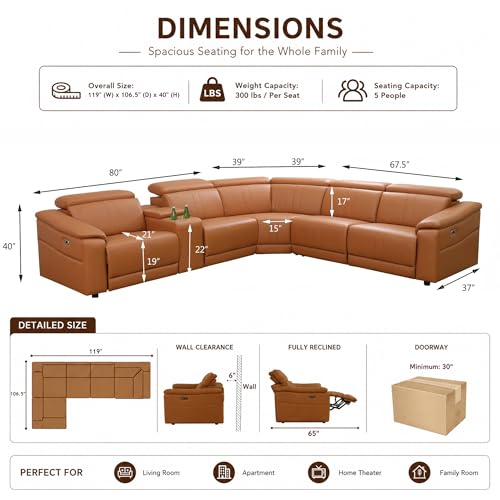 Image of Power Reclining Sectional Sofa, 5 Seat L-Shaped Leather Recliner Sofa with USB Charging /Storage Console /Cup Holders, Home Theater Seating, Light Brown Sectional Couch for Living Room, Apartment