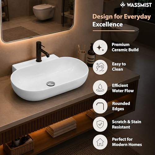 Image of WASSMIST Wash Basin | Table Top WashBasin for Bathroom with 10 Year Glaze Warranty | Premium Ceramic Basin with Thin Rim (22.5 X 15.5 X 5.31 inch)