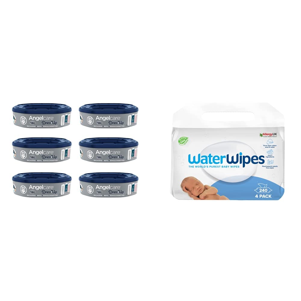 Angelcare - Dress Up - Recharges Octogonales pour Poubelle à Couche Dress up/Essential - Anti Odeurs et Grande Capacité - Lot de 6 & Lingettes bébé Originales sans plastique WaterWipes, 240 pièces