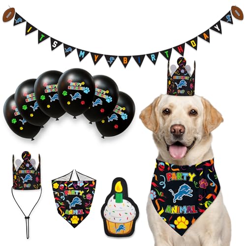 NFL Detroit Lions Dog Birthday Party Set 10pcs with 1 Football Bandana Large/X-Large, 1 Crown Hat, 1 Banner, 1 Birthday Cake Toy & 6 B-Day Balloons, Dog Birthday Set, Costume, Fun Doggie Pawty