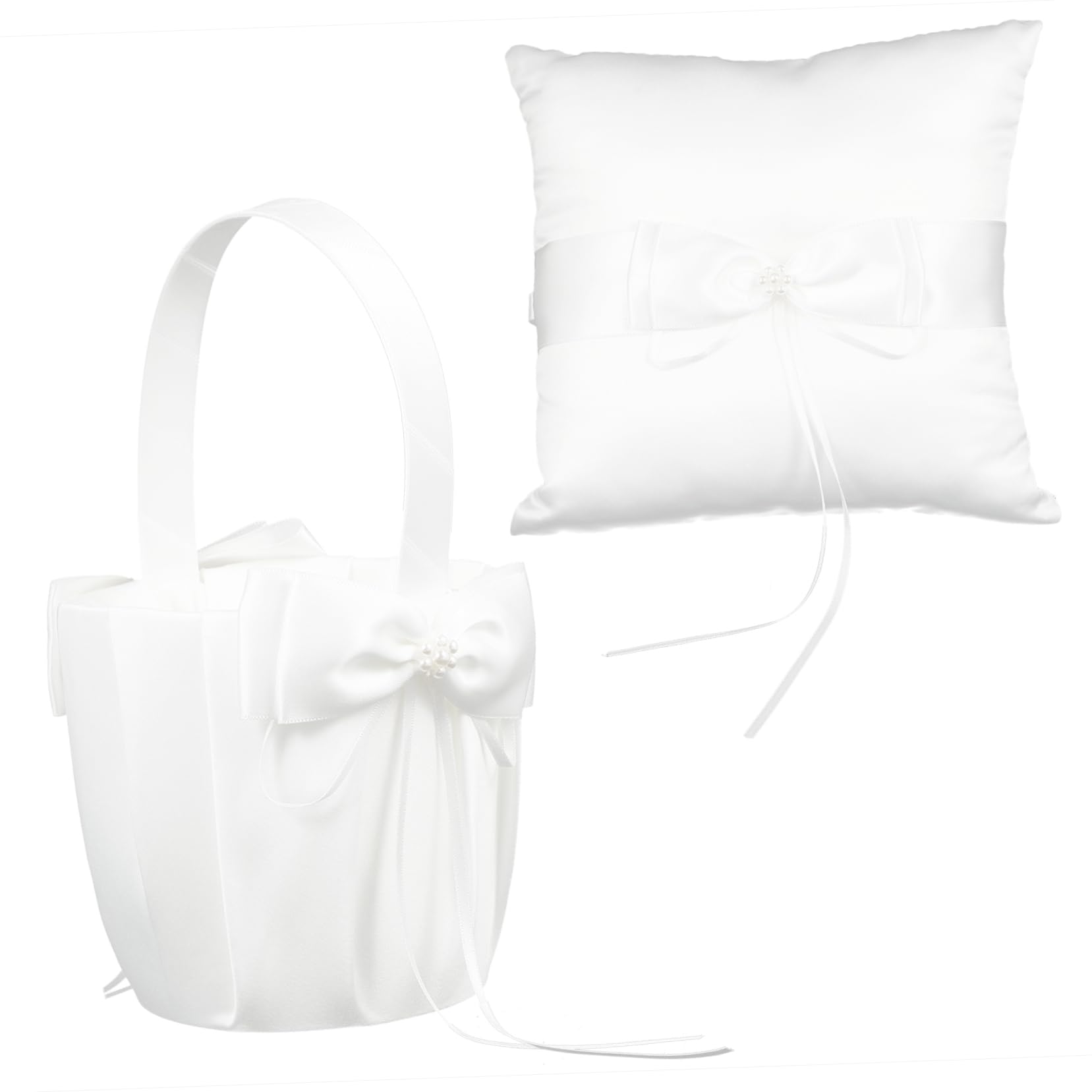 MAGICLULU 2 Stück Weißes Ringkissen mit Schleife und Strass Passender Blumenkorb aus Stoff für Hochzeit und Feier für Mädchen
