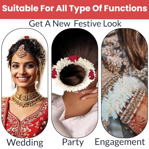 Image of Temperia (2 Pcs) Scented Mogra Gajra Hair Accessories For Women & Girls - Hair Flower Bun Artificial Fake Gajra Scrunchies Rubber Band - Premium & Voluminous, 1 Pc Red Petals & 1 Pc White