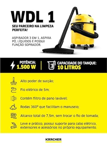 Aspirador WDL 1 Karcher 3 em 1 - Aspira Pó e Água + Função Soprador. Compacto e Portátil - Com alcan