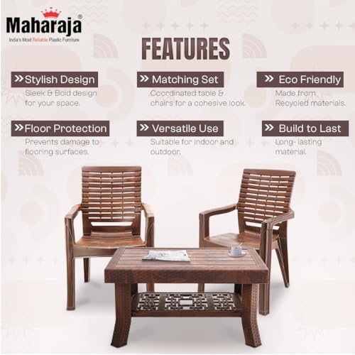 Image of MAHARAJA Heavy-Duty Plastic Chairs & Table | Set of Chairs with Elegant Table | Premium Design, Ideal for All Seasons (Teakwood, 2 Chair+1 Table)