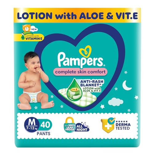Image of Pampers Complete Skin Comfort Pants, Anti-rash blanket, Lotion with Vitamin E & Aloe Vera, Medium size baby diapers (MD) 40 Count, 7-12 kg (Pack of 3)