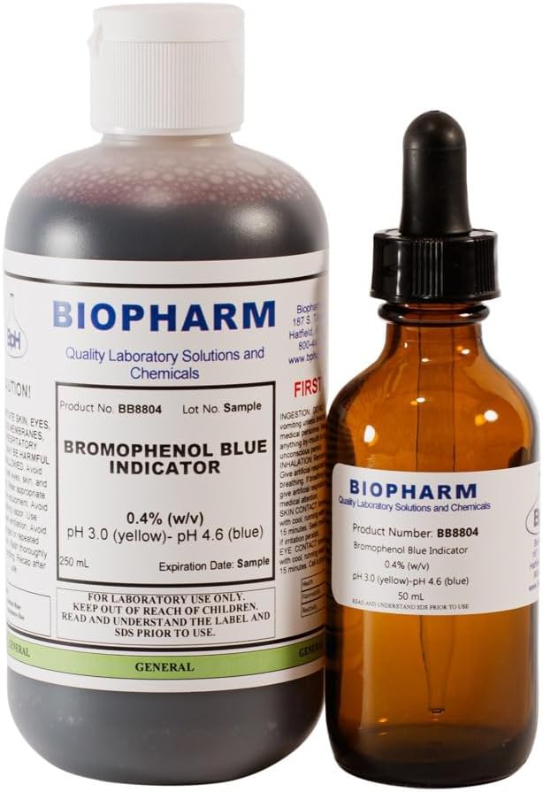 Bromophenol Blue Indicator 0.4% Aqueous Solution — 250 mL (8.4 fl oz) — Includes a 50 mL Empty Dropper Bottle and Dispensing Cap — pH 3.0 (Yellow) - pH 4.6 (Blue)