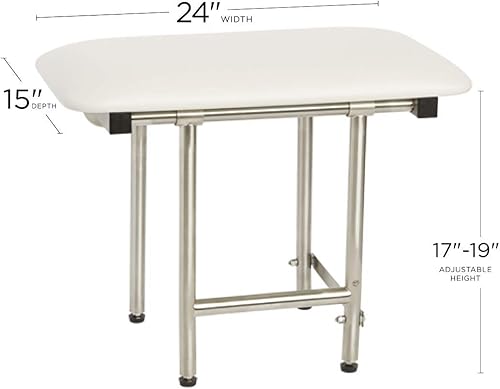 Miniatura 2 de Seachrome Asiento de ducha plegable de 24 x 15 pulgadas con cojín acolchado blanco para montaje en pared con patas, cumple con ADA