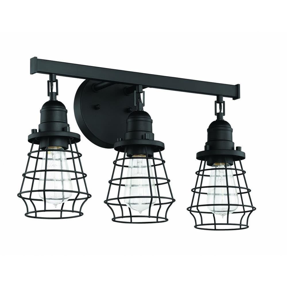 Craftmade 50603-FB Thatcher Vintage Industrial Metal Wire Cage Vanity Bath Lighting, 3-Light 300 Watts, Flat Black