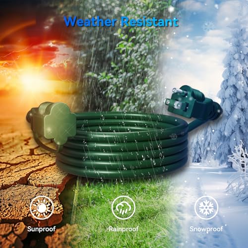 K KASONIC - 25FT Outdoor Extension Cord 1 to 3 Splitter, 3 Prong Outlets Plugs with Safety Covers, Weatherproof Extension Cord for Christmas Decorations, 16/3 SJTW, ETL Listed, Green by K KASONIC - Image 5