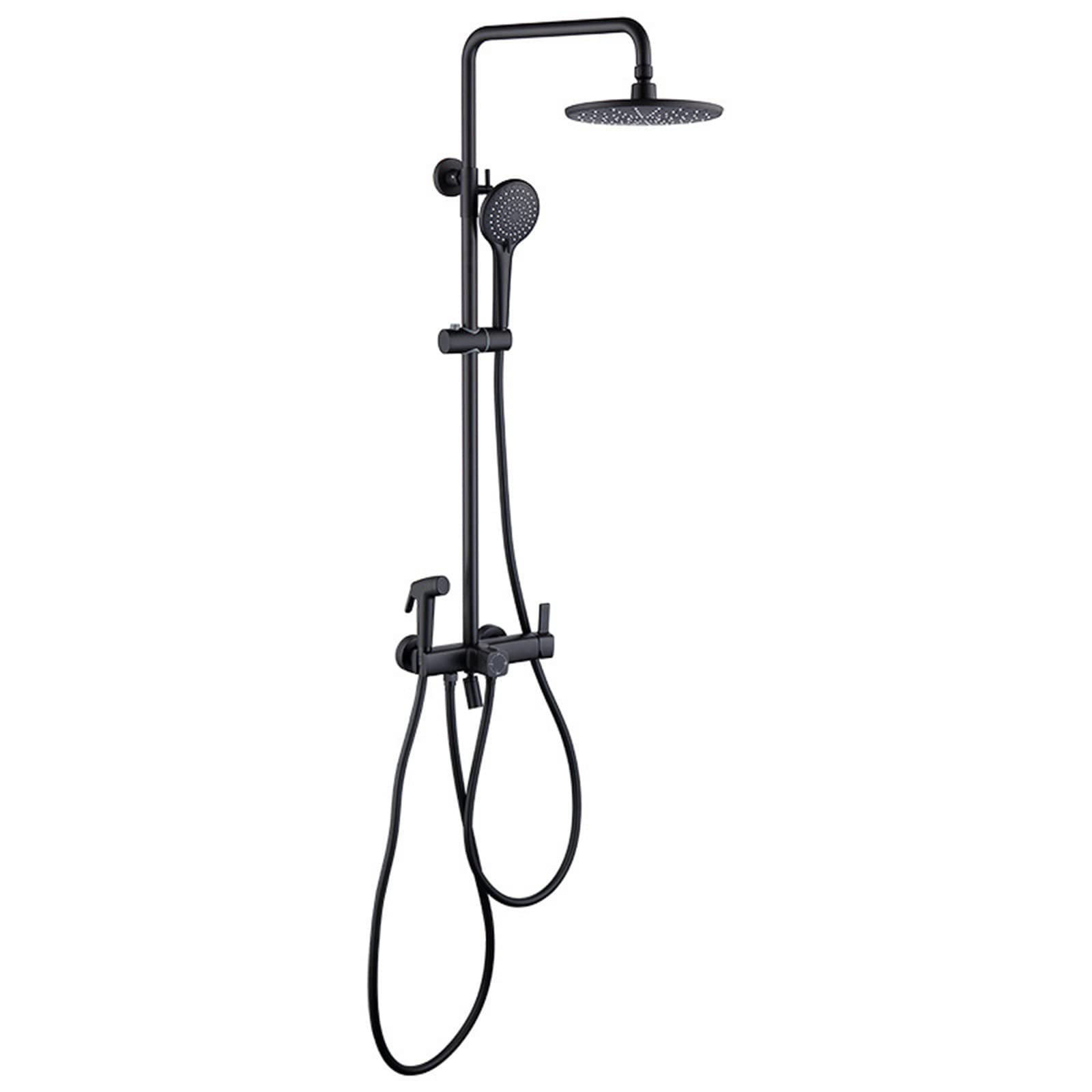 Sistema Doccia Nero, Set Rubinetto Doccia A Parete con Soffione Doccia A Pioggia Tondo E Doccetta, Colonna Doccia Monocomando in Ottone con Doccetta Bidet