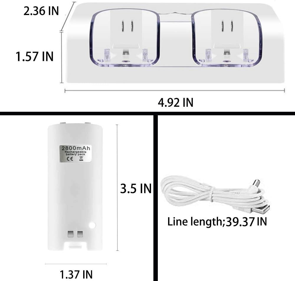 VTone 2 in 1 Controller Charging Station for Wii Remotes, Gamepad Charger with 2 Pack 2800 MAh High Capacity Rechargeable Battery Pack (White)