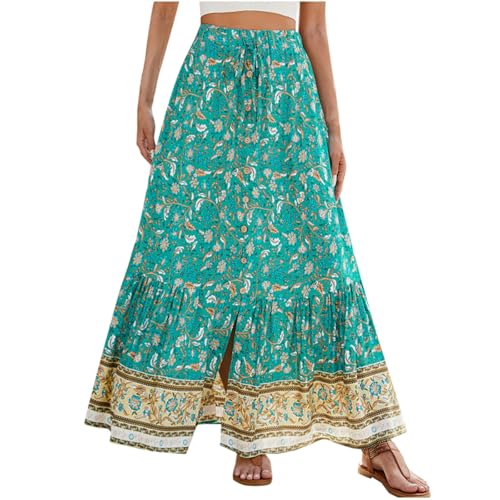 Women's Boho Long Maxi Skirt Trendy Flowy Elastic High Waist Casual Summer Beach Swing A-line Cotton Floral Skirts