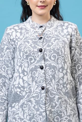 Image of Wear lusso Women Woolen Round Neck Self Design Cardigan | Heavy Hair Fabric Winter Wear | Pure Wool Long Cotty Fully Warm Cardigan Sweater