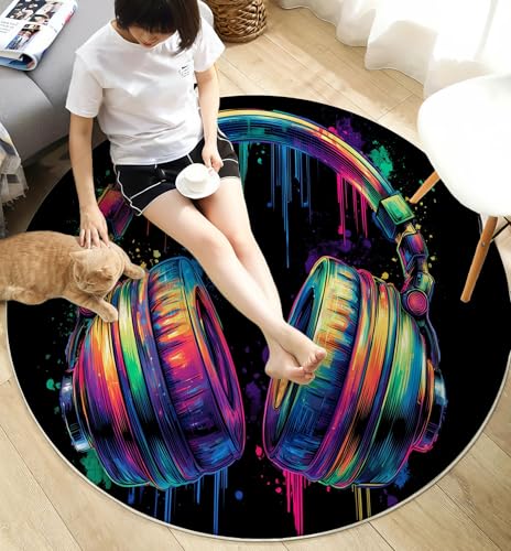 Tapis rond de style graffiti moderne casque audio violet néon - 5