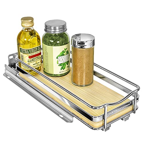 LYNK PROFESSIONAL® Élite™ Pull Out Spice Rack Organizer for Cabinet - 4-1/4 inch Wide - Slide Out Rack, Lifetime Limited Warranty, Wood and Chrome Sliding Spice Organizer Shelf