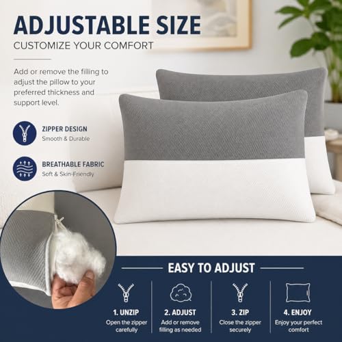 Image of Standard Sleeping Pillow Set of 2 with Adjustable Height | 27 x 16 Inch | Fluffy & Soft Siliconized Hollow Polyester Fiber, Jacquard Cover with Zip Closure - White & GreySet of 2