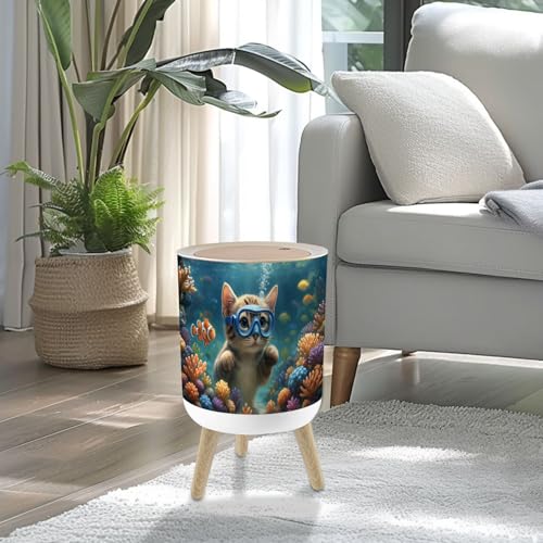 Caneca de basura pequeña redonda con tapa y patas de madera miniatura 2