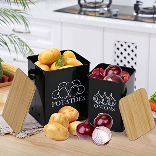 Image of Potato Onion Storage Bin, Kitchen Storage Canister Set of 2, Kitchen Pantry Organizer Tin - Vegetable Fresh Keeper with Aerating Tin Storage Holes & Wooden Lid (Black)