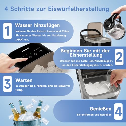 Aigostar Eiswürfelmaschine 1,5L 130W, 14kg/24h, 9 Eiswürfel in 6 Minuten, Selbstreinigender Eiswürfelbereiter mit Griff, Eisschaufel und Korb, Ice Maker für Party, Büro, Wohnmobil 7 Aigostar Eiswürfelmaschine 1,5L 130W, 14kg/24h, 9 Eiswürfel in 6 Minuten, Selbstreinigender Eiswürfelbereiter mit Griff, Eisschaufel und Korb, Ice Maker für Party, Büro, Wohnmobil