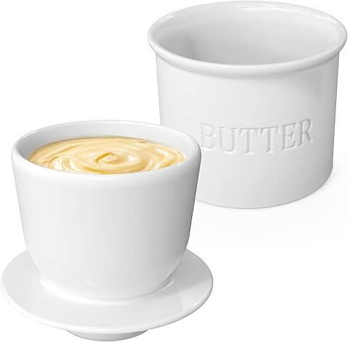 Mantequillera de porcelana para mostrador, plato de mantequilla de 7.5 onzas con tapa, color blanco