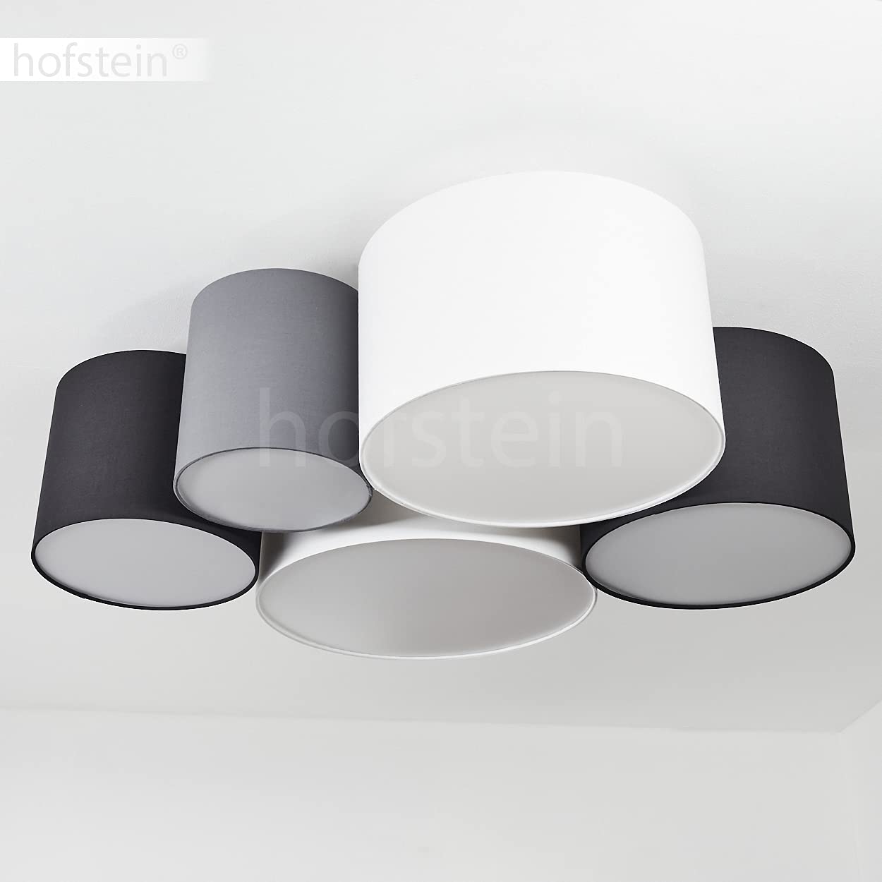 HOFSTEIN Deckenleuchte Trisett, Deckenlampe aus Metall/Kunststoff/Stoff in Schwarz/Weiß/Grau, moderne Leuchte mit Stoffschirmen, Lichteffekt, 5 x E27, Wohnzimmer, Esszimmer, Schlafzimmer, Küche