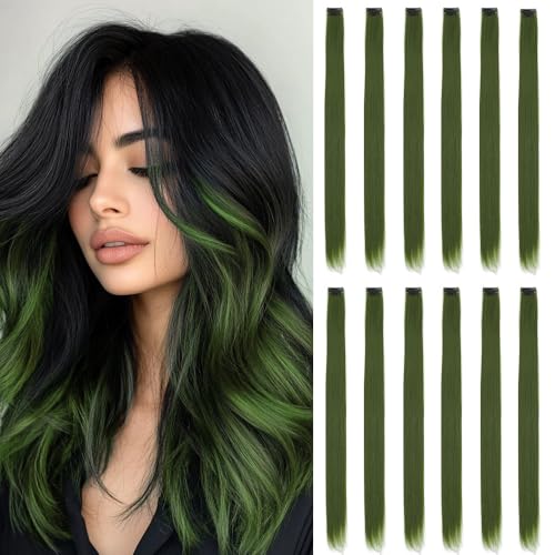 12PCS Ash Green Clip In Hair Extensions 22 Inch Long Straight Heat Resistant Synthetic Hair Highlights Easy to Use Colorful Hairpieces for Girls Women Party Halloween Cosplay