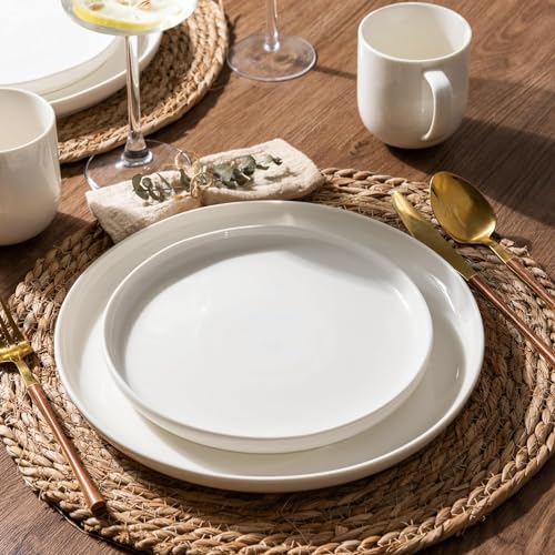 Image of LERATIO Ceramic Dinnerware Sets for 8,Handcraft Wavy Rim Stoneware Plates and Bowls Sets,Highly Chip and Crack Resistant | Dishwasher & Microwave & Oven Safe Dishes set,Service for 8(24pc)-Pearl White