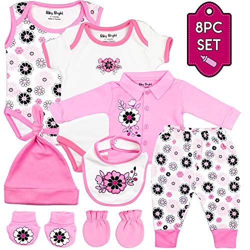Newborn Baby Girl Clothes Essentials Layette Gift Set Starter Outfit Kit for Infant Ideal gift for New Mom Baby Shower 0-3 months 8 pcs Set