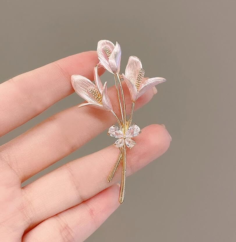 Image of Elegant Pink Lily Flower Brooch Pin for Women - Rhinestone Lily Lapel Pin for Coats, Jackets, and Sweaters