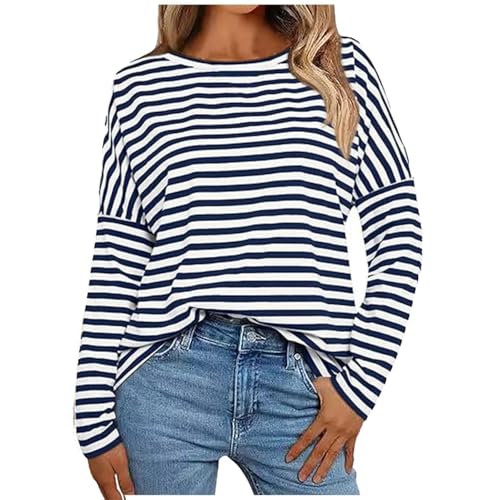 Camisetas de manga larga para mujer casual cuello redondo camisetas a rayas 2024 blusas de moda, marine, L