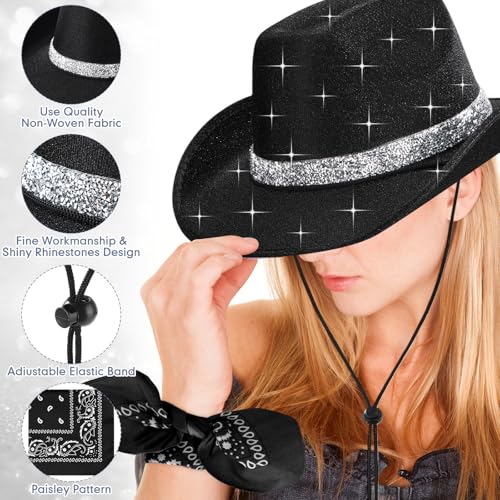 Image of Coume 12 Pcs Sparkly Adults Cowboy Hat and Bandanas Women Men Western Glitter Cowgirl Party Hats with Adjustable Drawstring