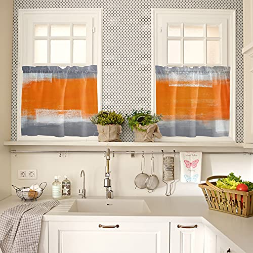 Kitchen Curtain 24 Inch Length, Gradient Summer Orange Ombre Grey Modern Abstract Oil Paint Art Small Short Cafe Tiers Curtains Drape, 2 Panel Window Treatment Rod Pocket Drapery Panels Curtains #TOP1