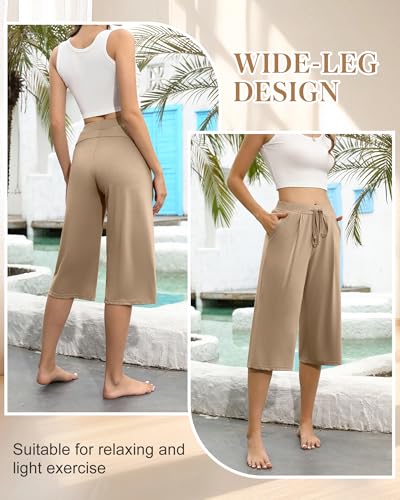 3 Pack Women's Capri Pants, Casual Wide Leg Yoga Pants High Waist Drawstring Cropped Lounge Trousers with Pockets4