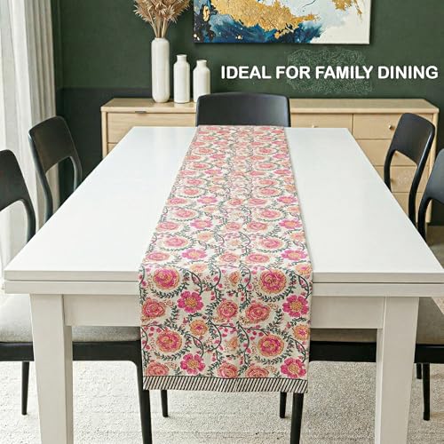 Image of Kuber Industries 13x72 Inch Dining Table Runner for Home Decor | 6 Seater Cotton Table Protecter Use for Kitchen & Buffet Cabinet | Flower Print - White & Pink