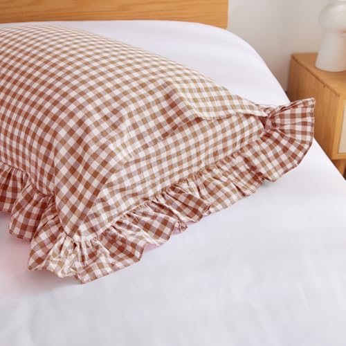 Taupe and White Plaid Ruffle Pillowcases Farmhouse Standard Size Pillow Shams,Classic Checkered Gingham Pillow Cover Washed Cotton Pillow Cases Set of 2, 20"x26",Taupe/White Plaid