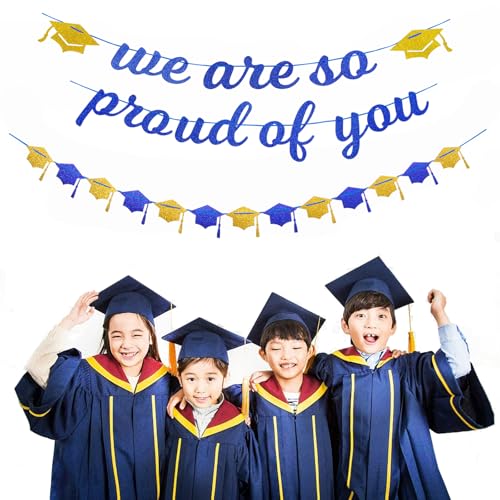 Image of Navy-Blue White-Gold Party-Decoration Graduation Banner - 8pcs Kits Cap Garland Streamers, Paper Tissue Pom Poms Flowers,We are So Proud of You Grad Graduation 2026 Decor Lasting Surprise