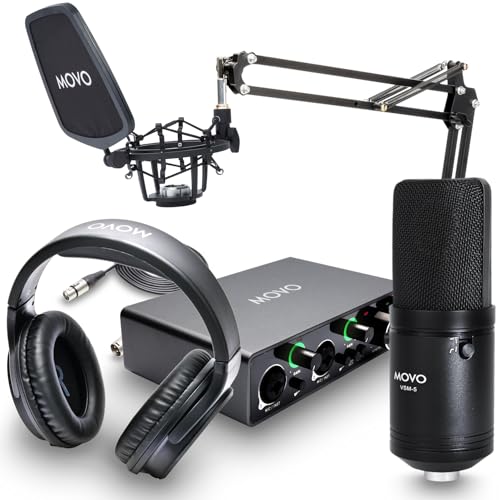 Movo VSM-5 Professional Condenser Mic Kit with MDX-1 2x2 Audio Interface with Arm Mic and Studio Headphones -Audio Interface/Microphone Bundle for Musicians, Podcasting, YouTube, Streaming