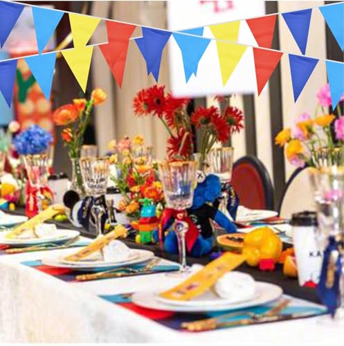 Image of Red Blue Yellow Pennant Banner Triangle Flag Bunting Garland Decorations for Carnival Circus Clown Grand Opening Wedding Kids Birthday Baby Shower Outdoor Garden 60Feet 64 pcs